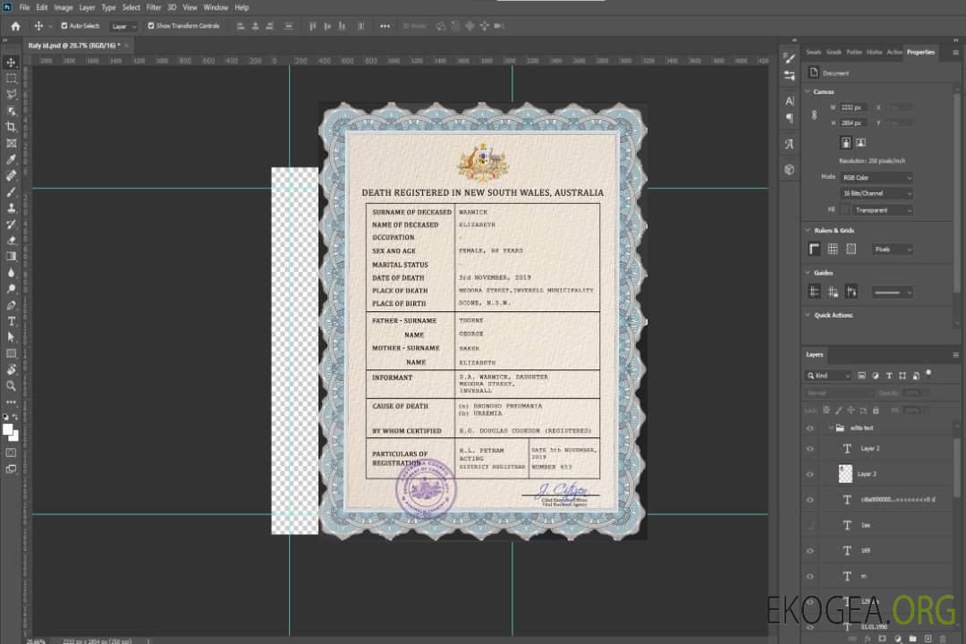 Modèle PSD de certificat de décès d'état civil australien template